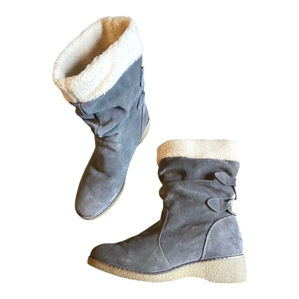 Lands End Gray Suede Boots Sherpa Lined Women’s Size 8.5